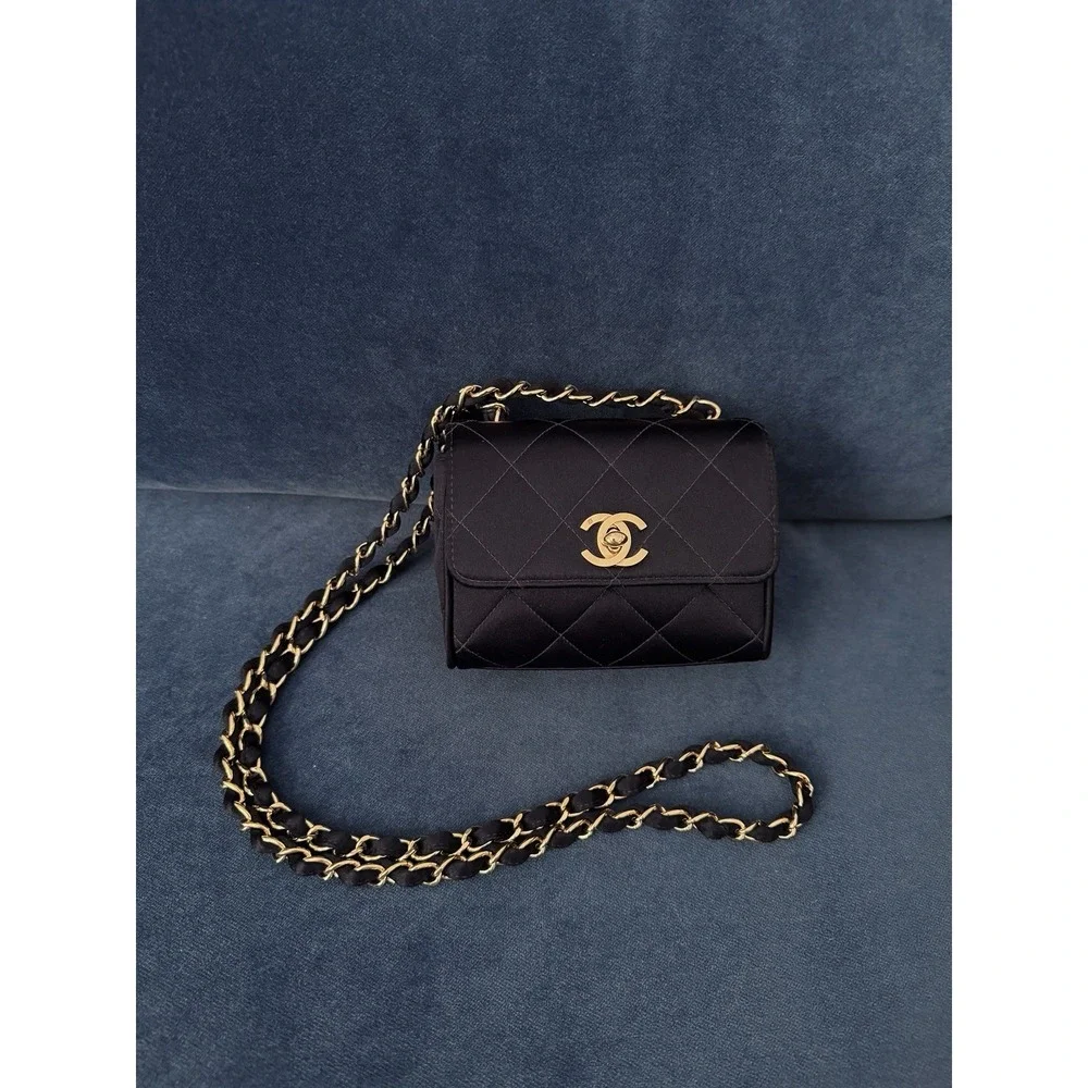Vintage Chanel Black Satin Mini Square‎ flap Crossbody Bag